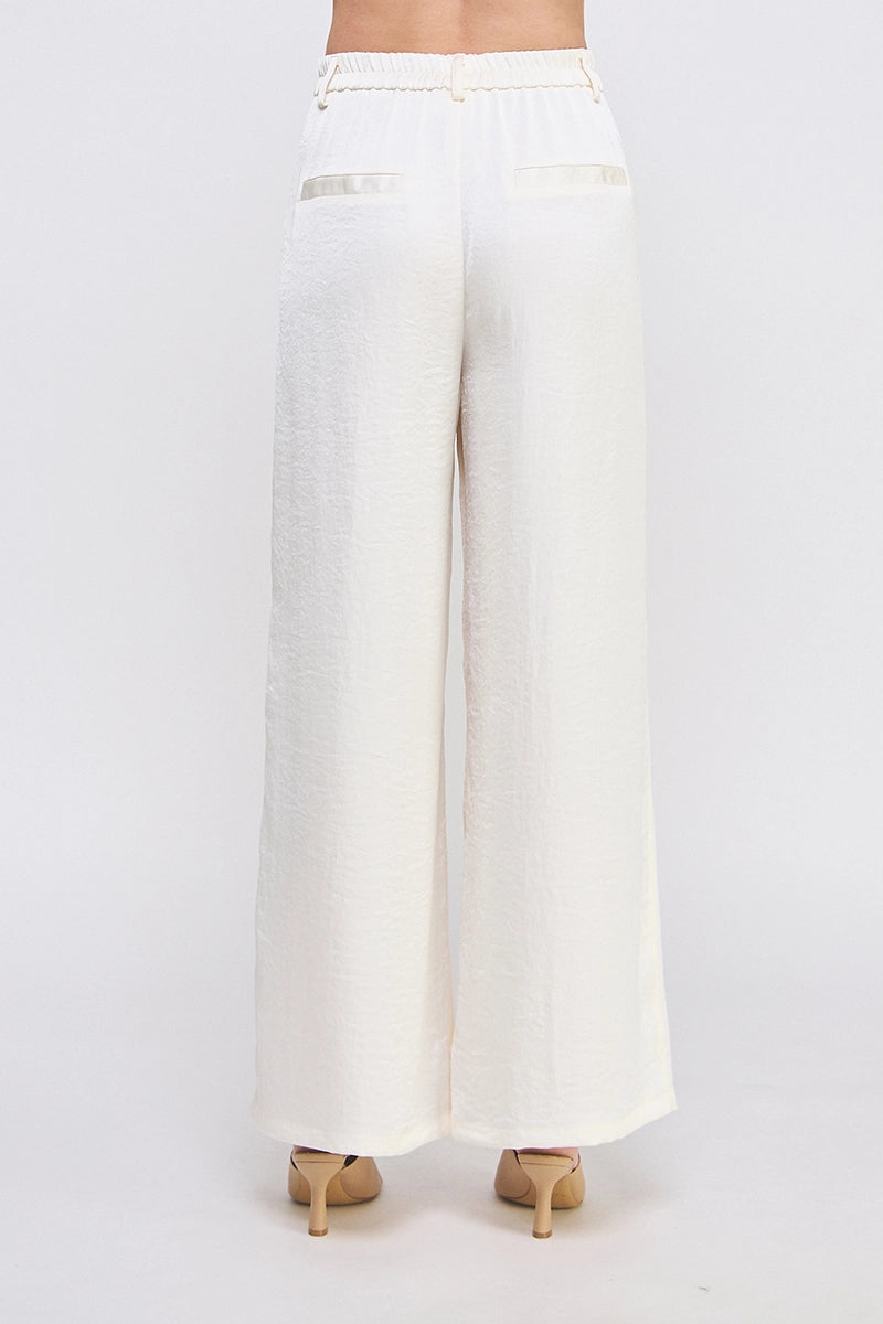 Cream Satin Zip Pleat Front Wide Leg Pant
