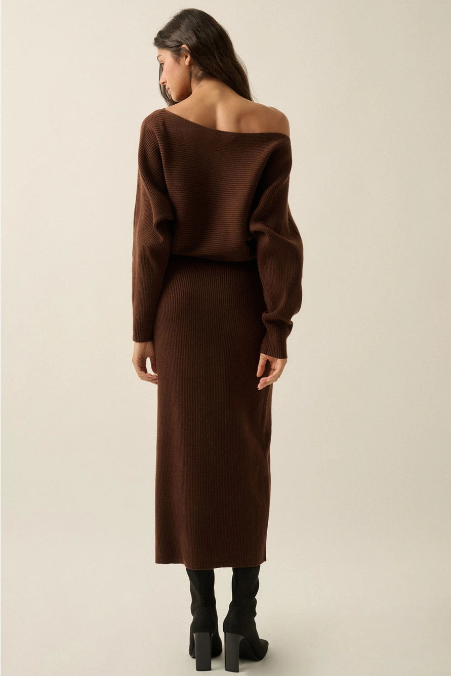 Rib-Knit One-Shoulder Dolman Midi Sweater Dress