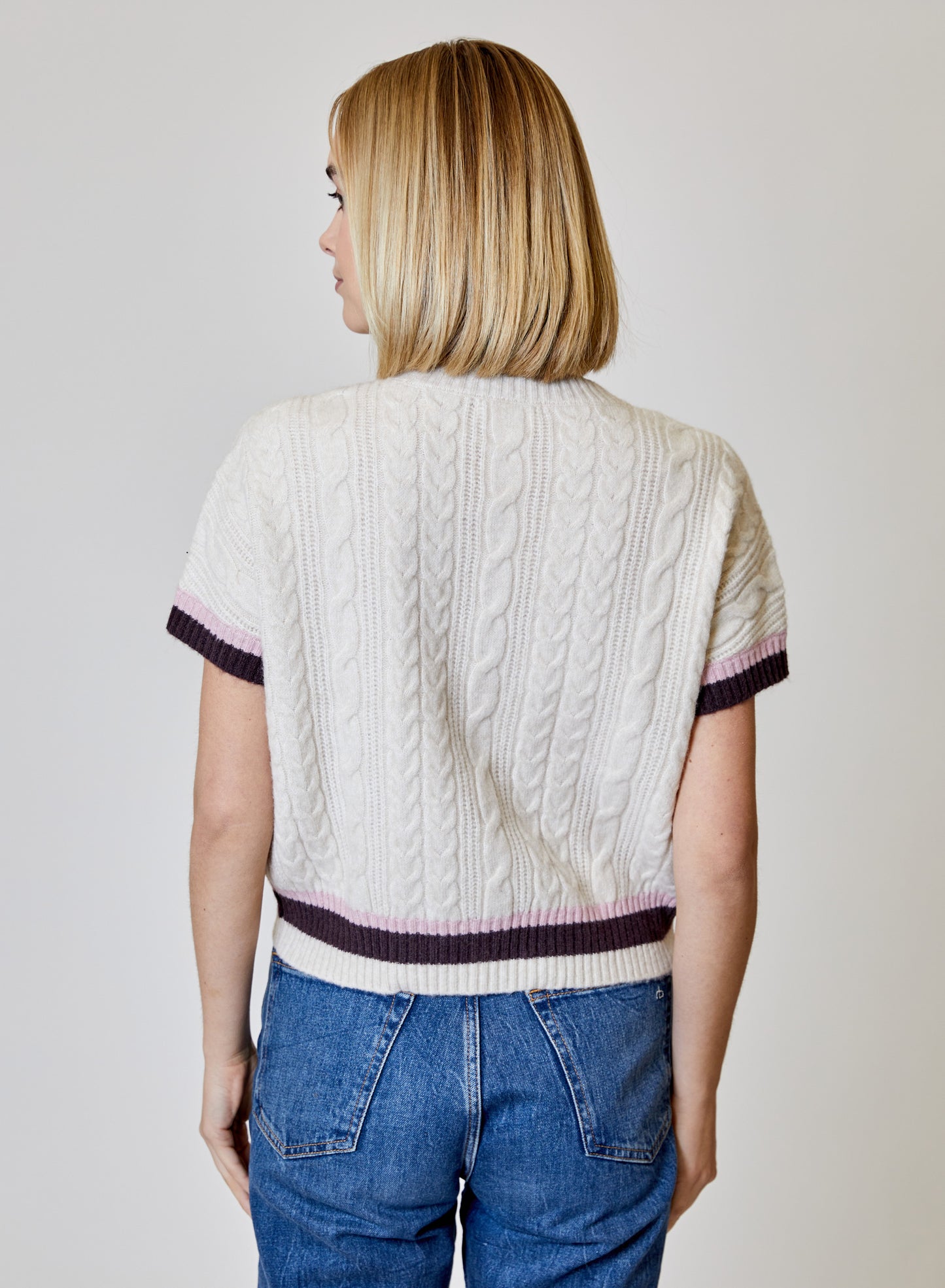 Short Sleeve Cardigan with Pink and Brown Stripe