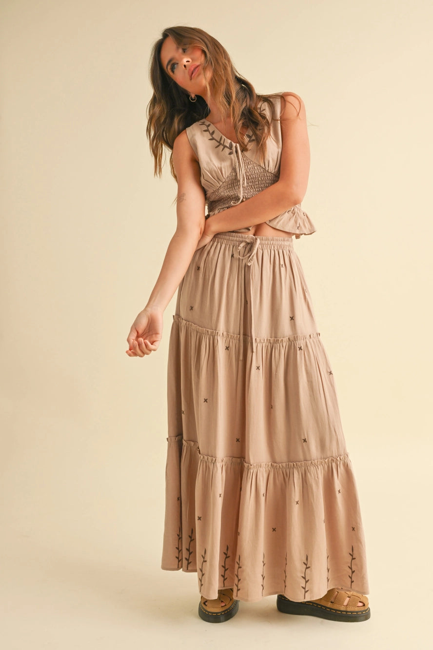 smock tiered maxi dress Embroidery Detail Smock Waist Top and Tiered Maxi Set – Ninethirteen