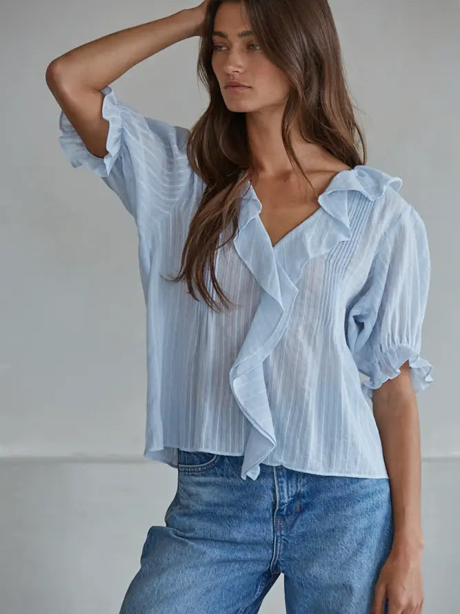 Woven Cotton V-Neck Short Sleeve Top