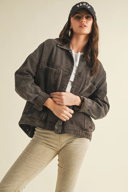 Back Pleated Denim Jacket Dark Brown