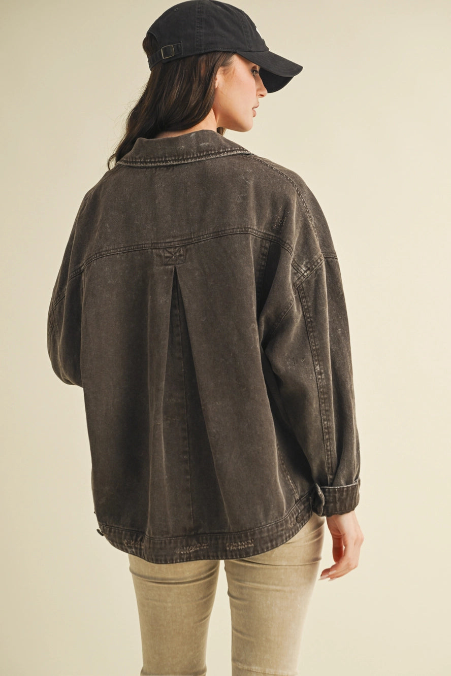 Back Pleated Denim Jacket Dark Brown