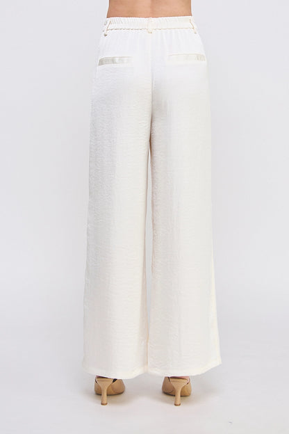 Cream Satin Zip Pleat Front Wide Leg Pant