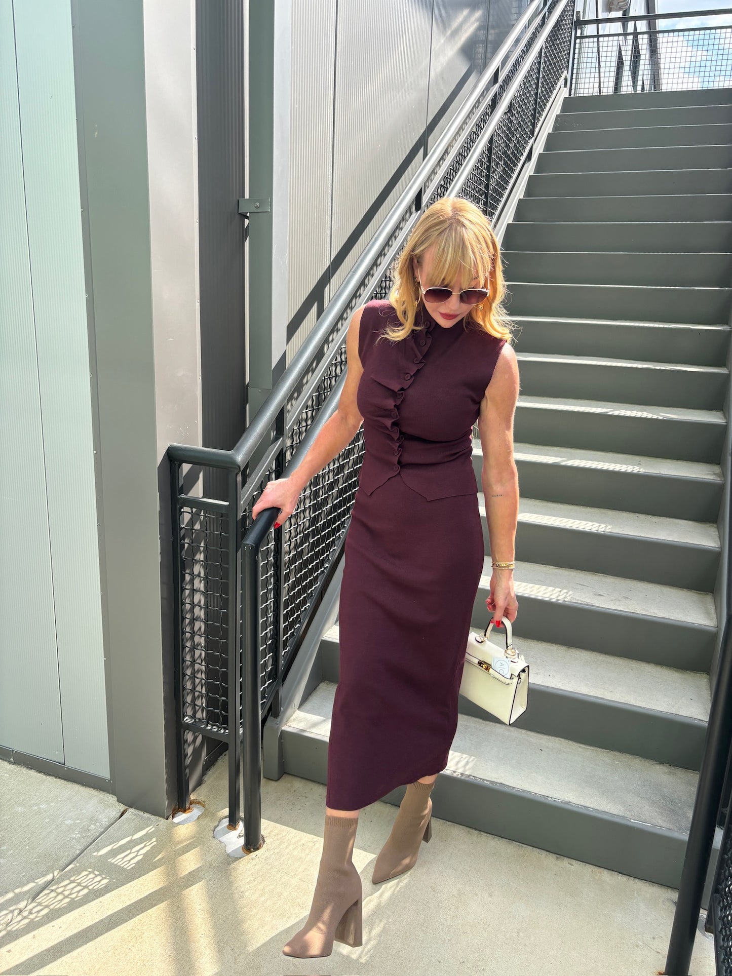 Burgundy Vest and Midi Skirt Set