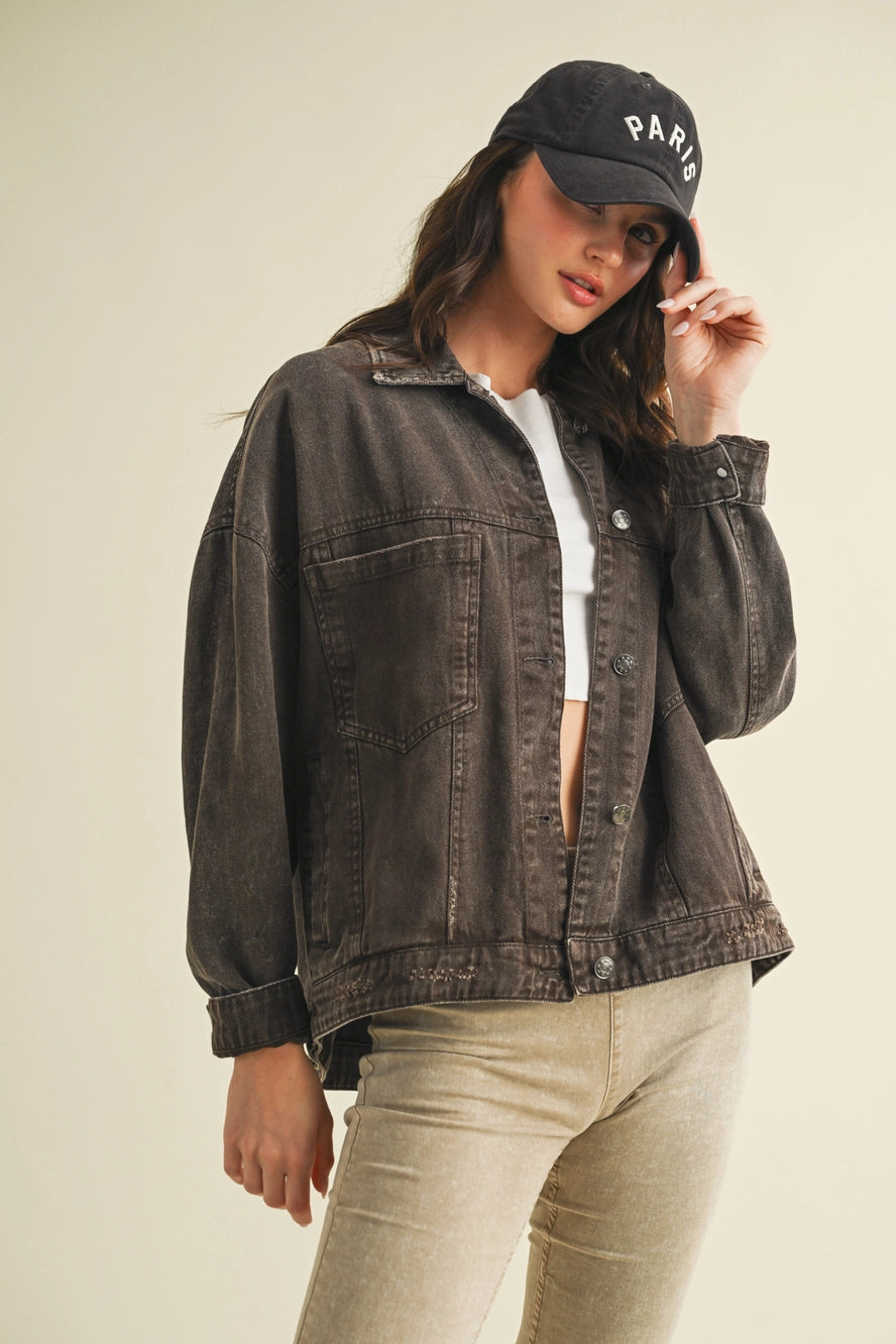 Back Pleated Denim Jacket Dark Brown