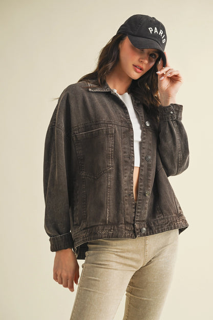 Back Pleated Denim Jacket Dark Brown