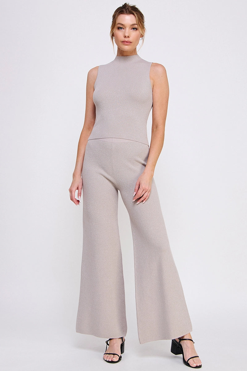 Silver Mist Soft Lurex Fine Gauge Wide Leg Pant