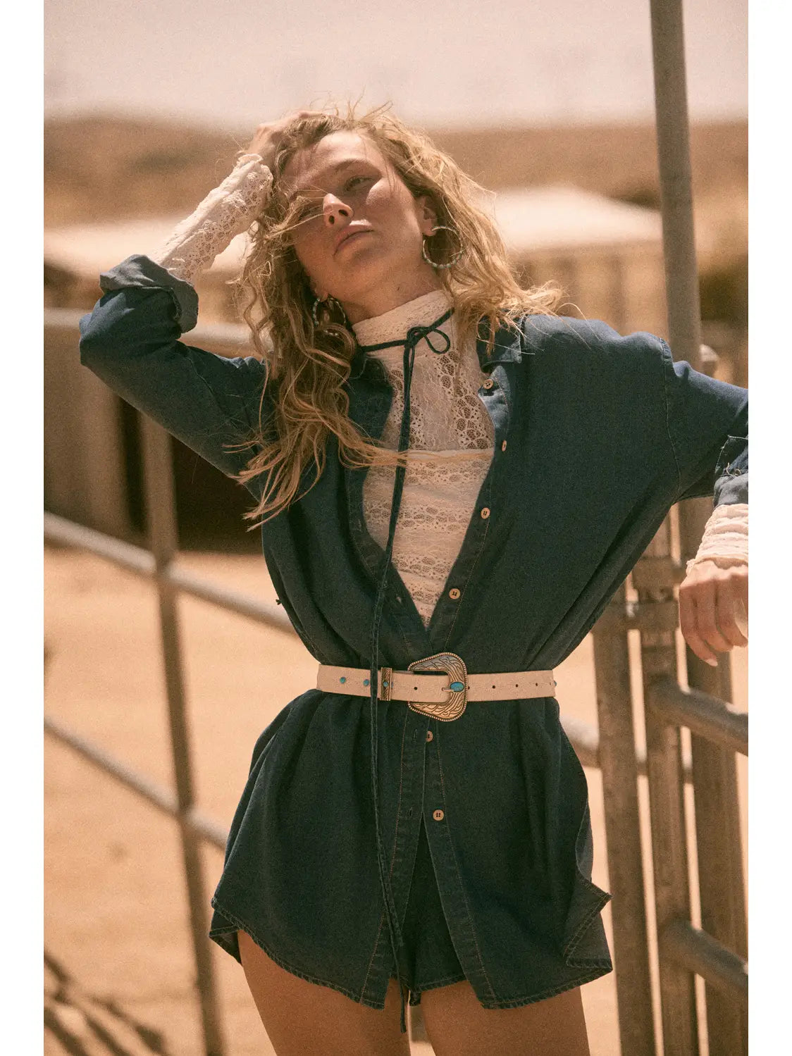 Tencel Denim Belted Button-Up Shirt Romper