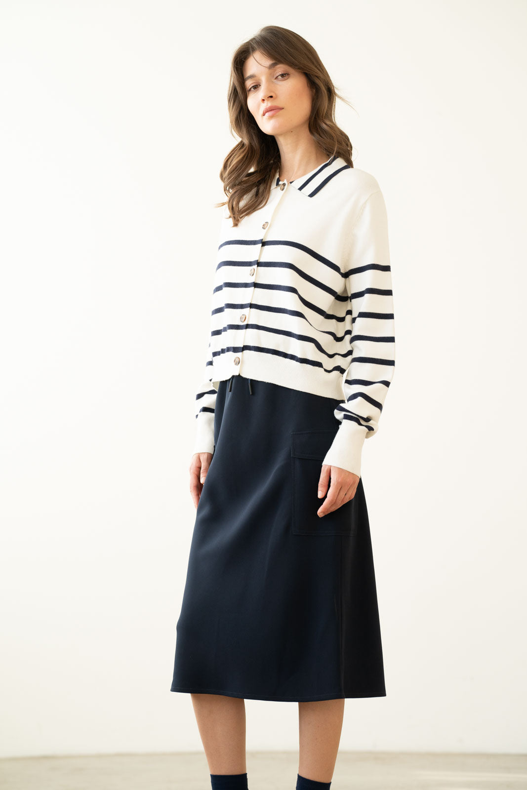 Elastic Waist Cargo Midi Skirt