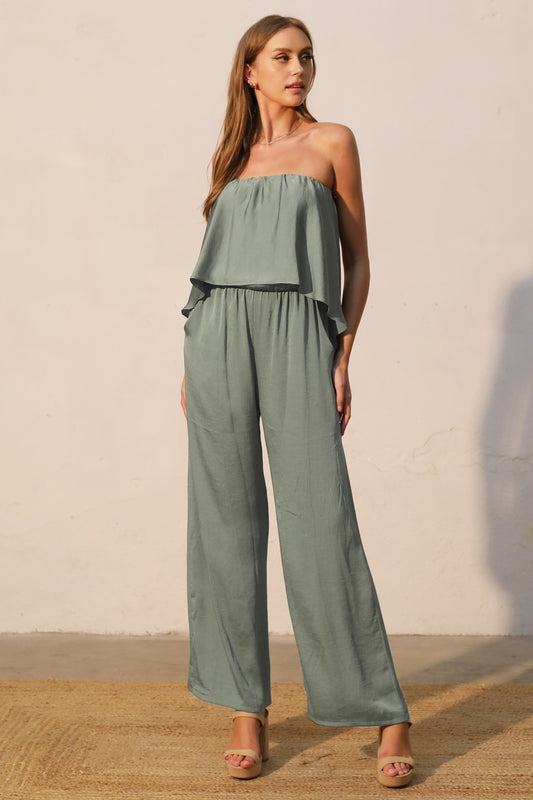 Satin Cascade Strapless Jumpsuit