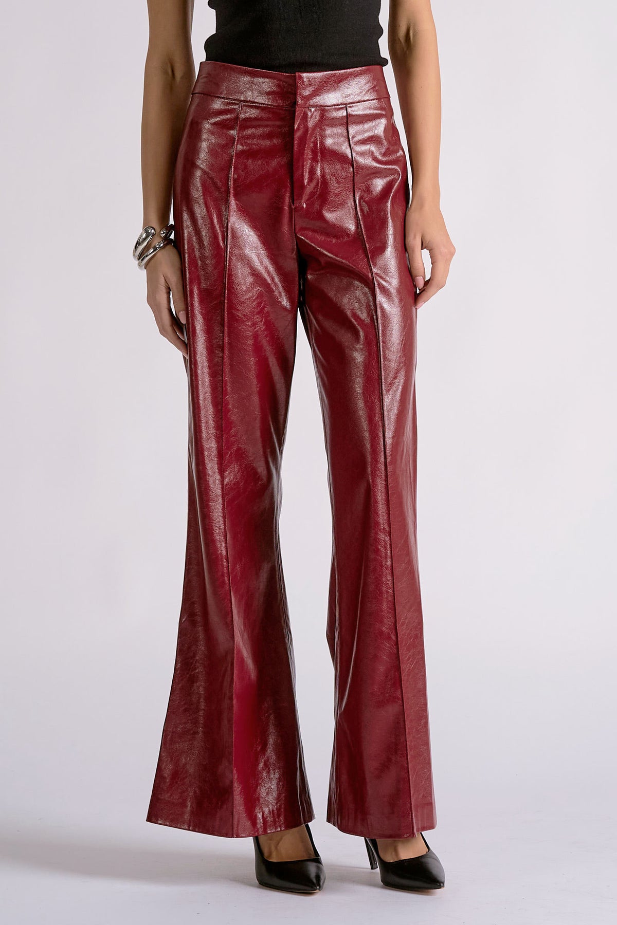 Vegan Leather Burgundy Flare Pants