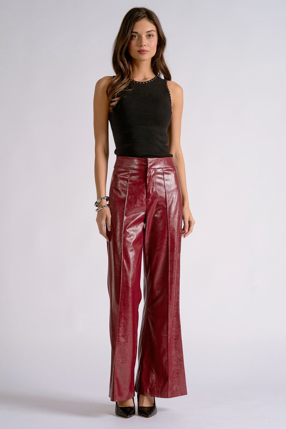 Vegan Leather Burgundy Flare Pants