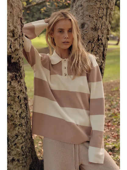 Striped Ribbed Knit Collared Rugby Sweater