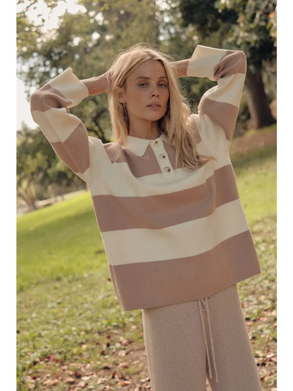 Striped Ribbed Knit Collared Rugby Sweater