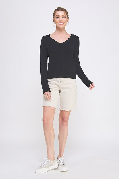Pointelle Pullover Sweater with Scallop V-Neck