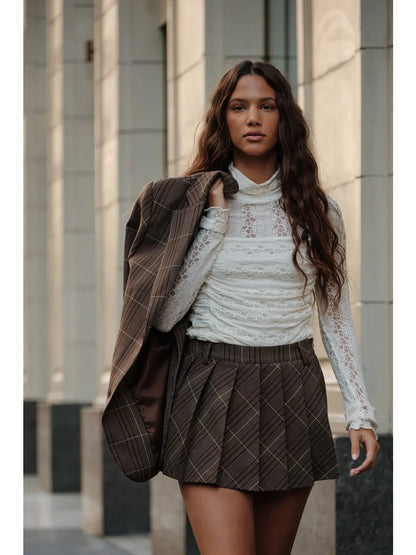Striped Lace Ruched Mock-Neck Long-Sleeve Bodysuit