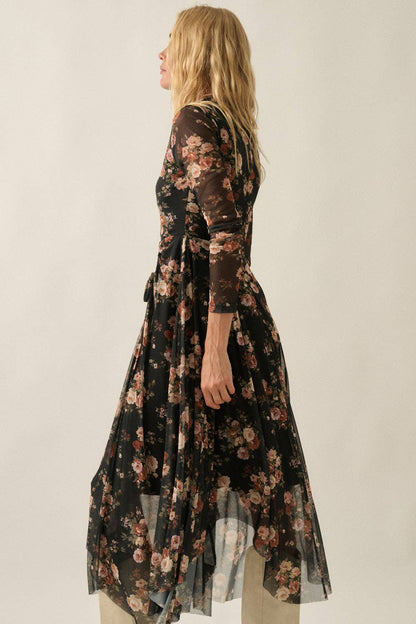 Floral-Print Mesh Long-Sleeve Drawstring-Skirt Maxi Dress: Black / S