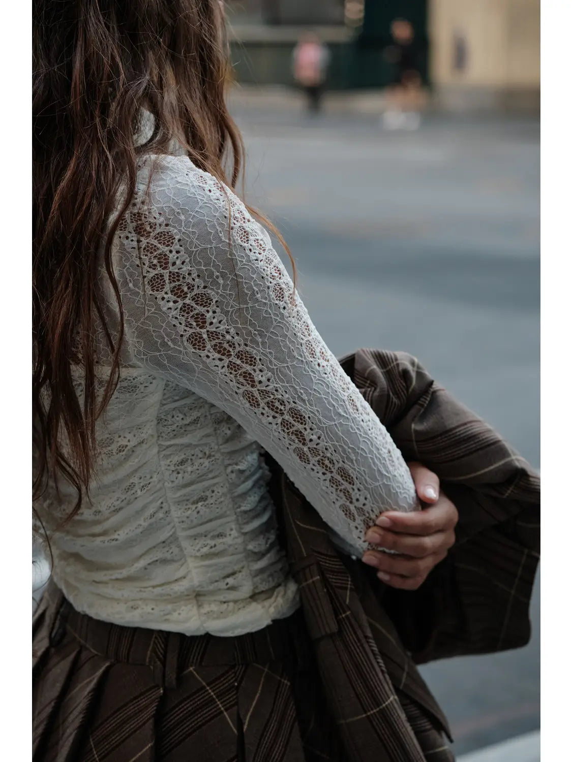 Striped Lace Ruched Mock-Neck Long-Sleeve Bodysuit