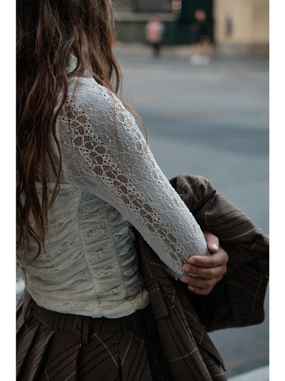 Striped Lace Ruched Mock-Neck Long-Sleeve Bodysuit