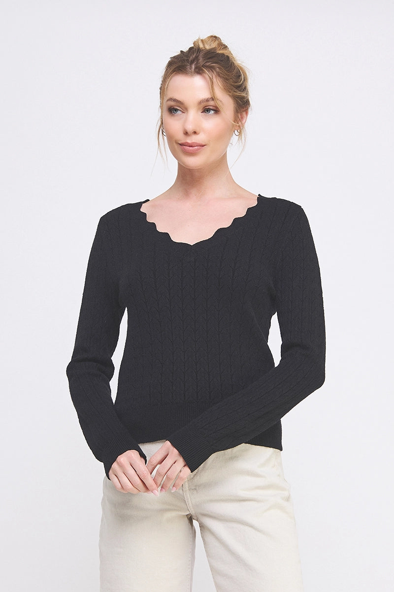 Pointelle Pullover Sweater with Scallop V-Neck