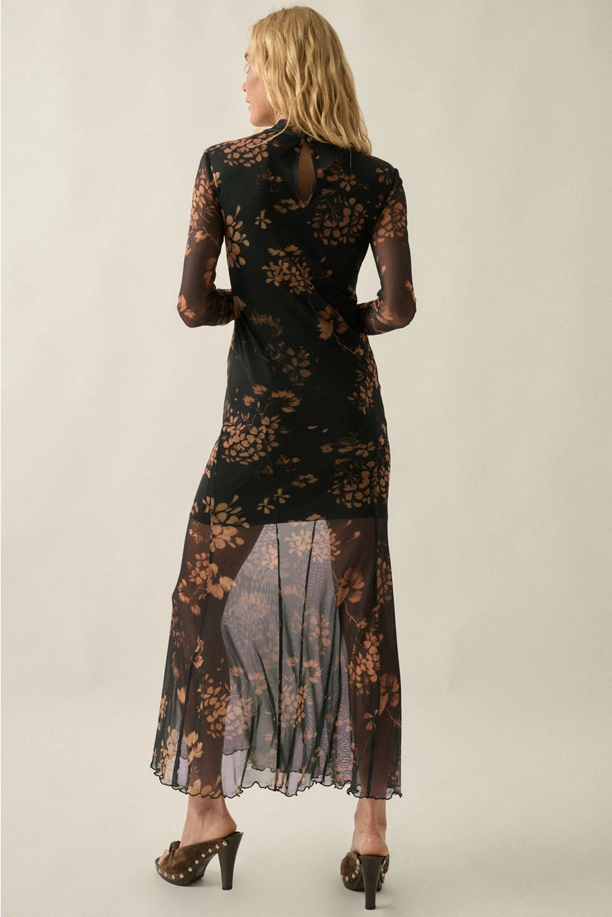 Floral Mesh Mock-Neck Long-Sleeve Maxi Dress