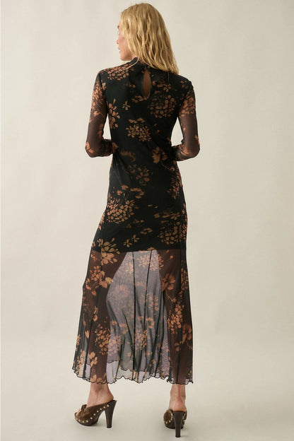 Floral Mesh Mock-Neck Long-Sleeve Maxi Dress