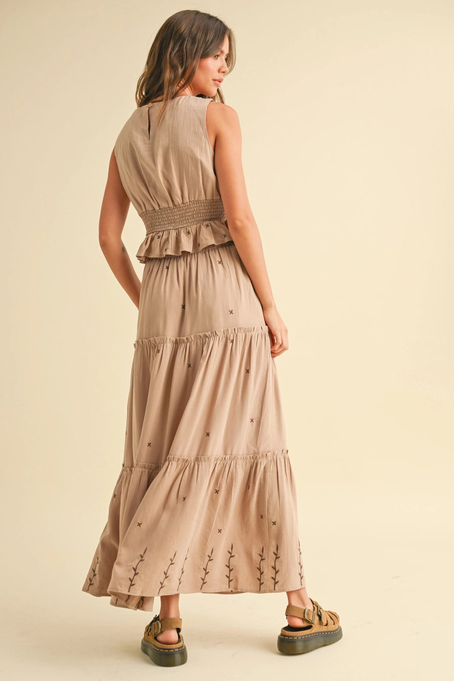 Embroidery Detail Smock Waist Top and Tiered Maxi Set