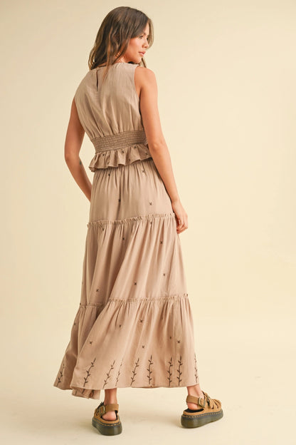 Embroidery Detail Smock Waist Top and Tiered Maxi Set