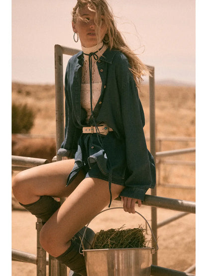 Tencel Denim Belted Button-Up Shirt Romper