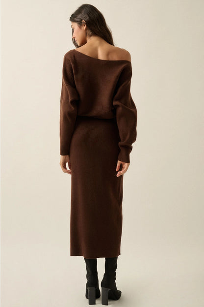 Rib-Knit One-Shoulder Dolman Midi Sweater Dress