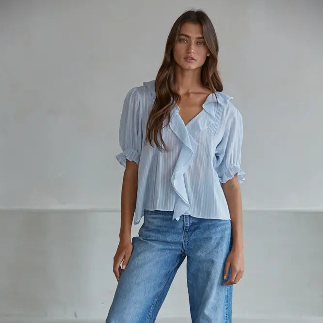 Woven Cotton V-Neck Short Sleeve Top