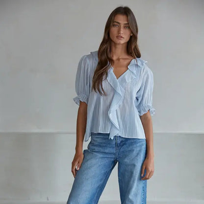Woven Cotton V-Neck Short Sleeve Top