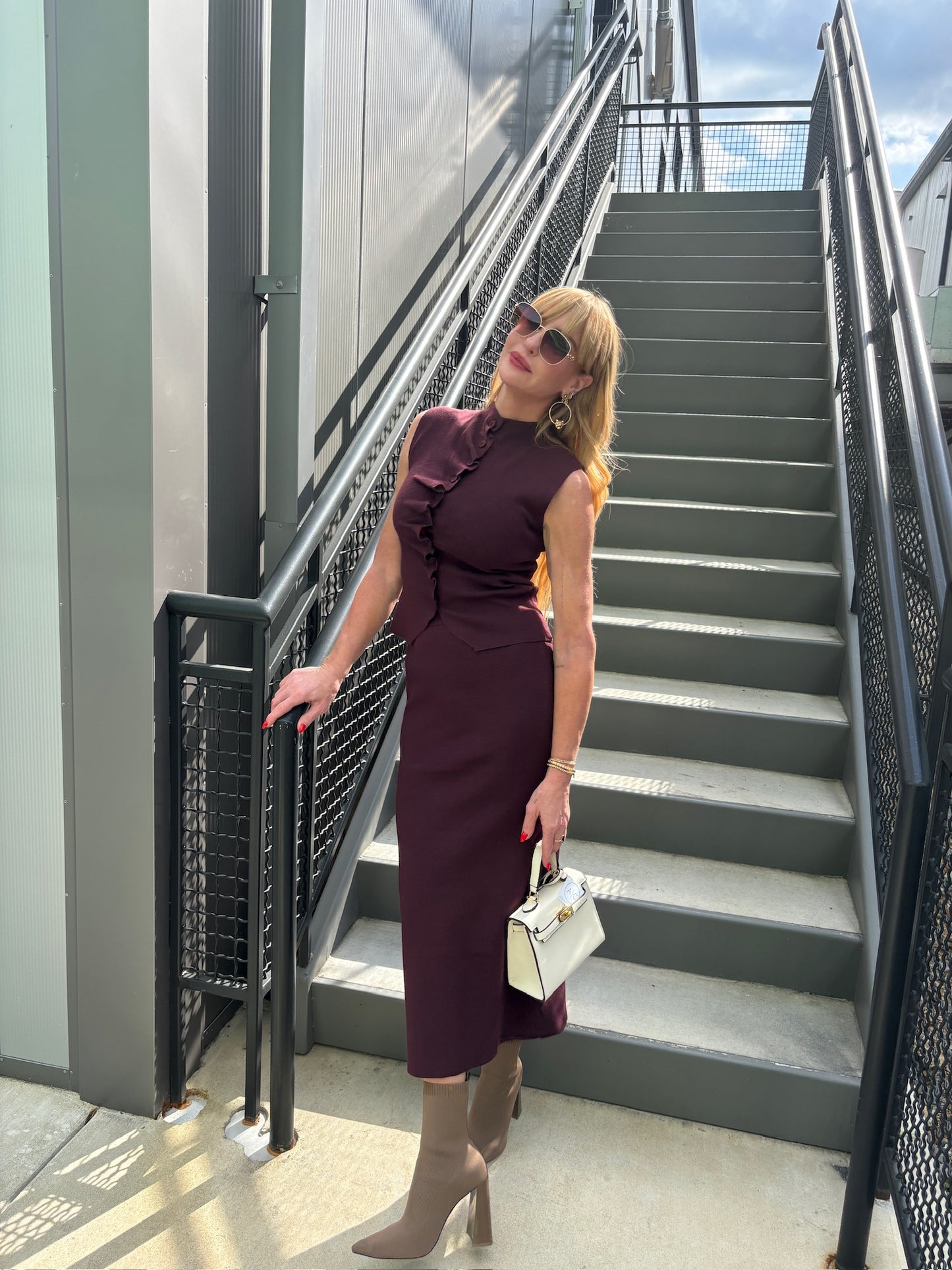 Burgundy Vest and Midi Skirt Set