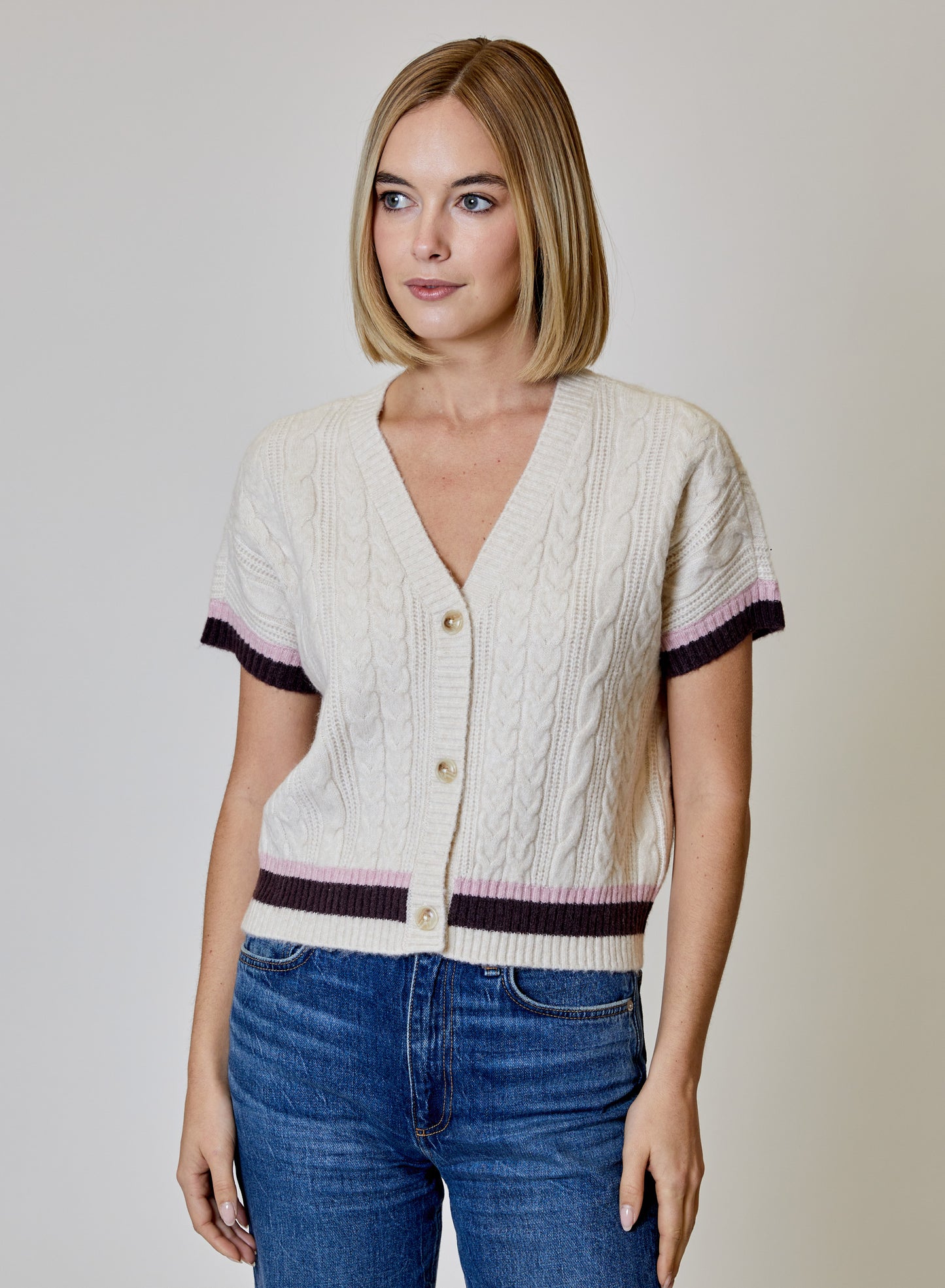 Short Sleeve Cardigan with Pink and Brown Stripe