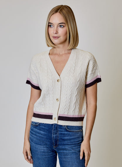 Short Sleeve Cardigan with Pink and Brown Stripe