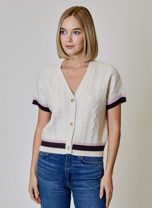 Short Sleeve Cardigan with Pink and Brown Stripe