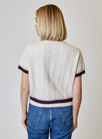 Short Sleeve Cardigan with Pink and Brown Stripe