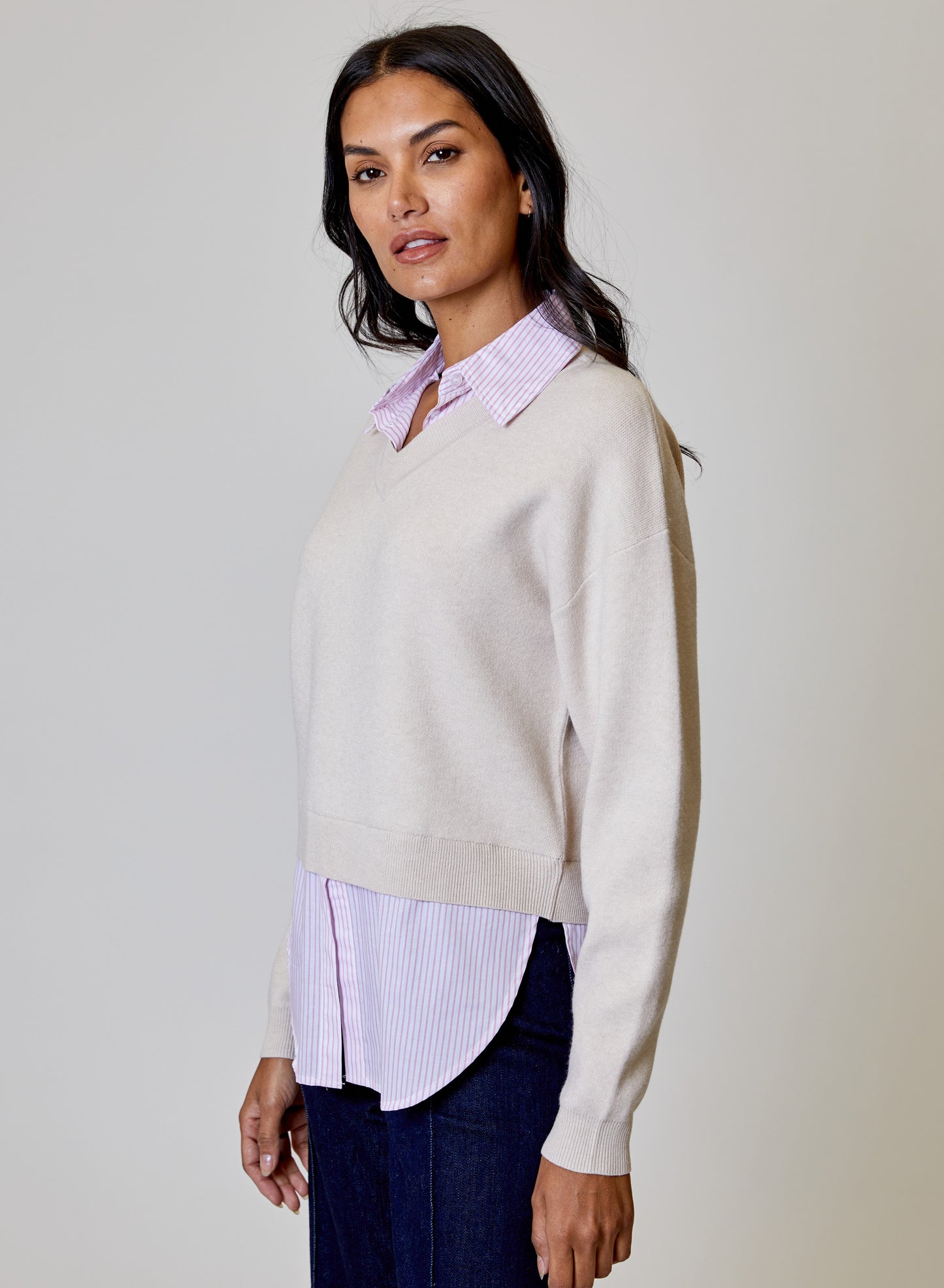 Tan Sweater with Pink Stripe Shirt