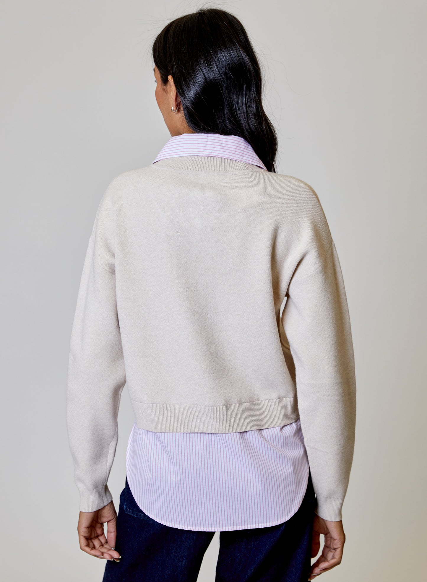 Tan Sweater with Pink Stripe Shirt