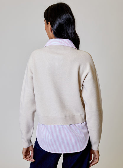 Tan Sweater with Pink Stripe Shirt