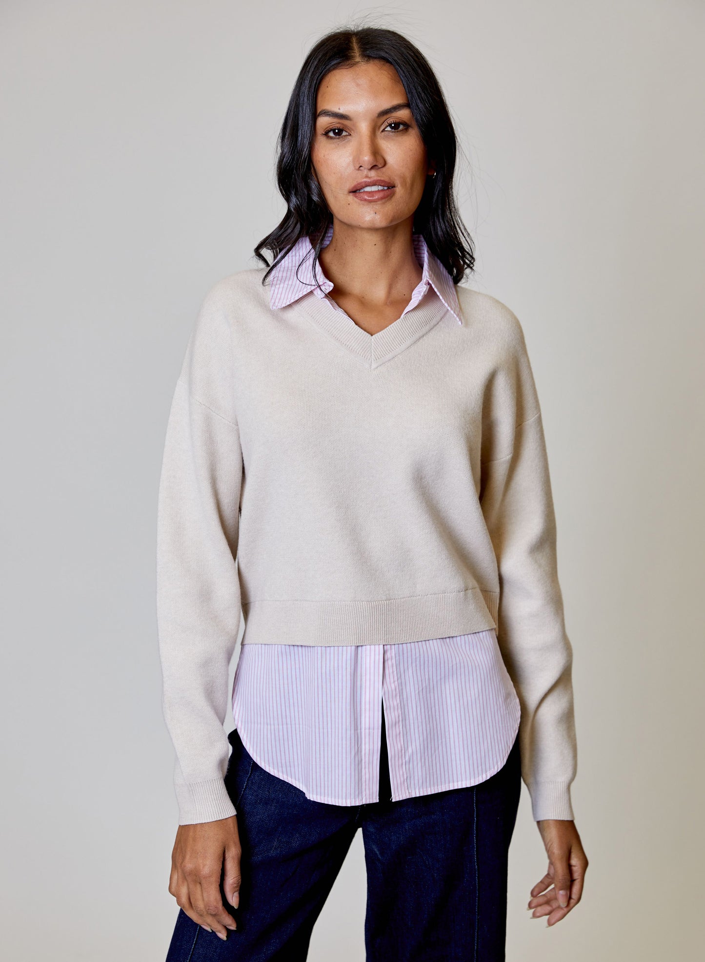 Tan Sweater with Pink Stripe Shirt