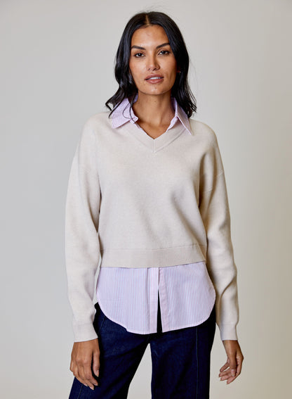 Tan Sweater with Pink Stripe Shirt