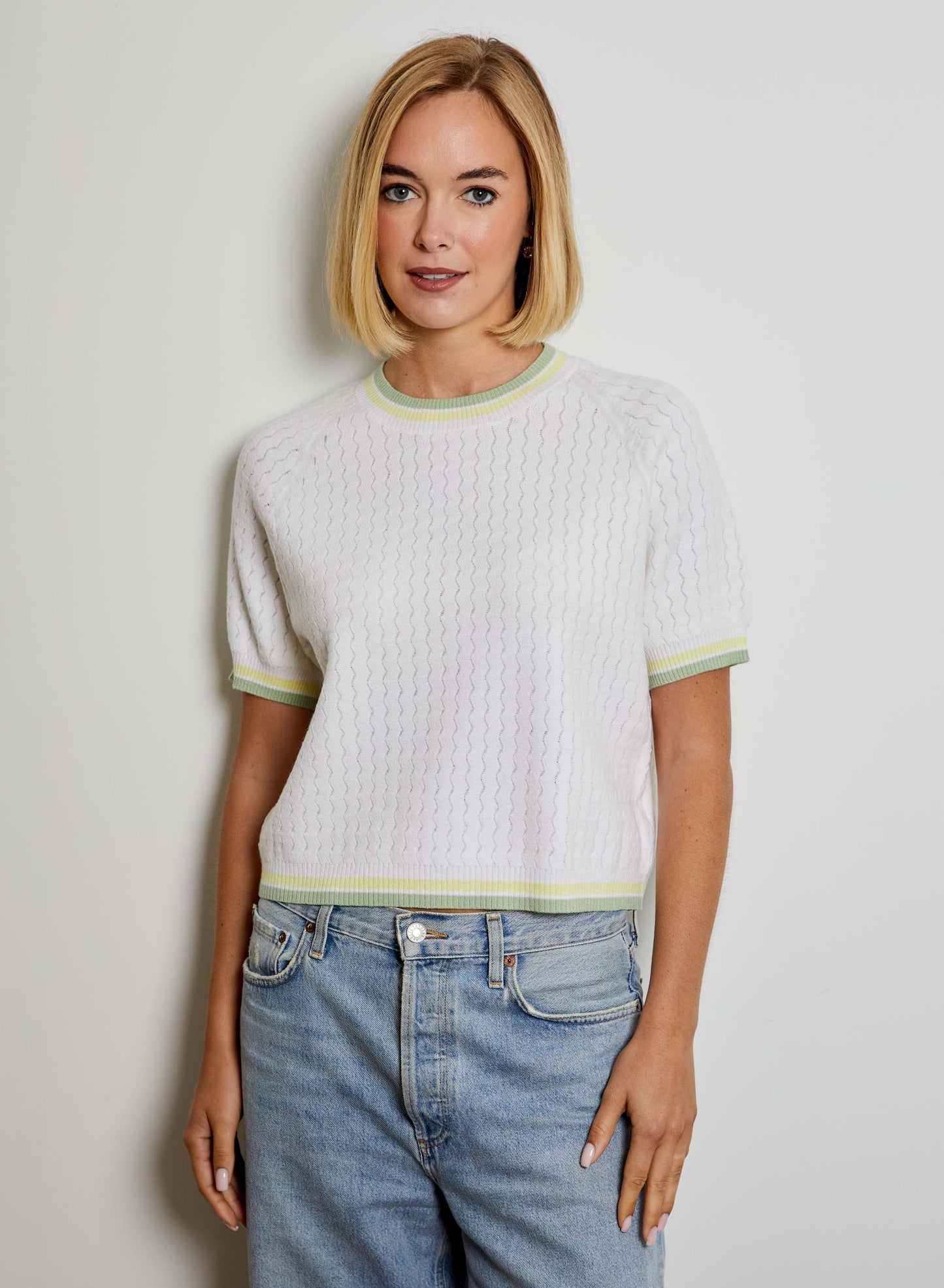 Ragland Short Sleeve Sweater with Green/Blue Detail