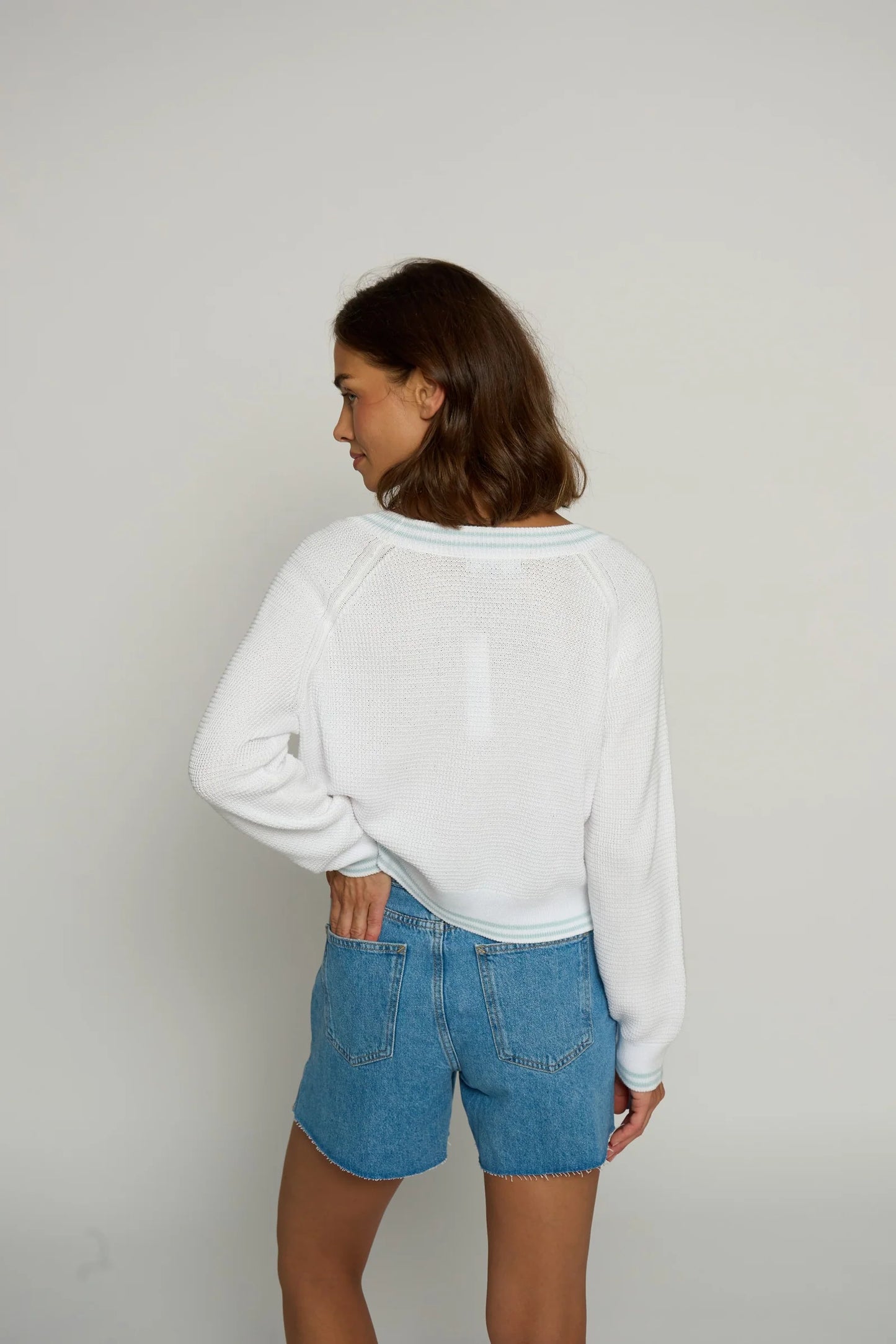 White Thermal Stitch Ragland Sweater with Powder Blue Detail