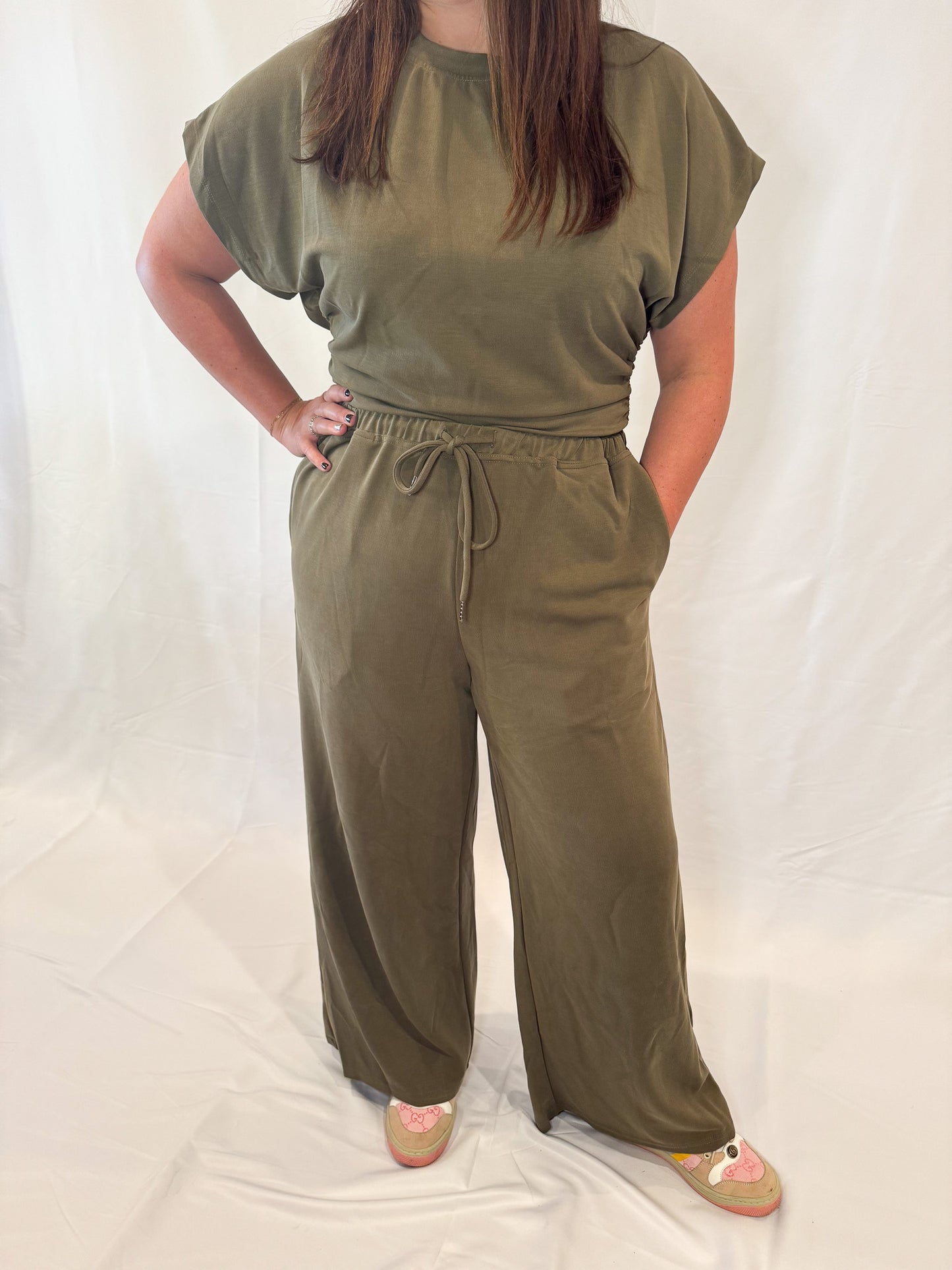 Sage Wide Leg Pants and Ruching Sleeveless Top