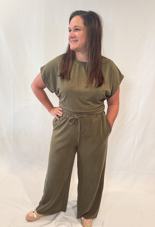 Sage Wide Leg Pants and Ruching Sleeveless Top