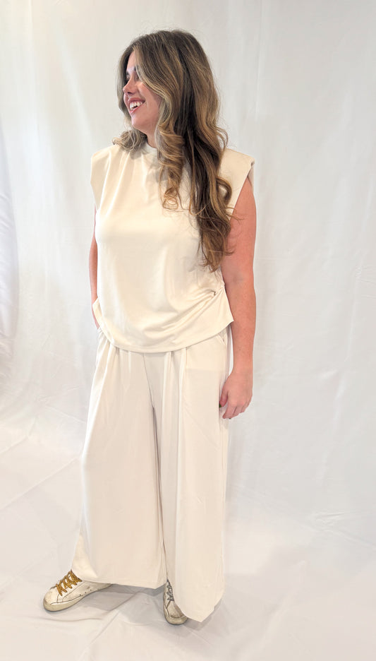 Cream Wide Leg Pant Set with Sleeveless Top