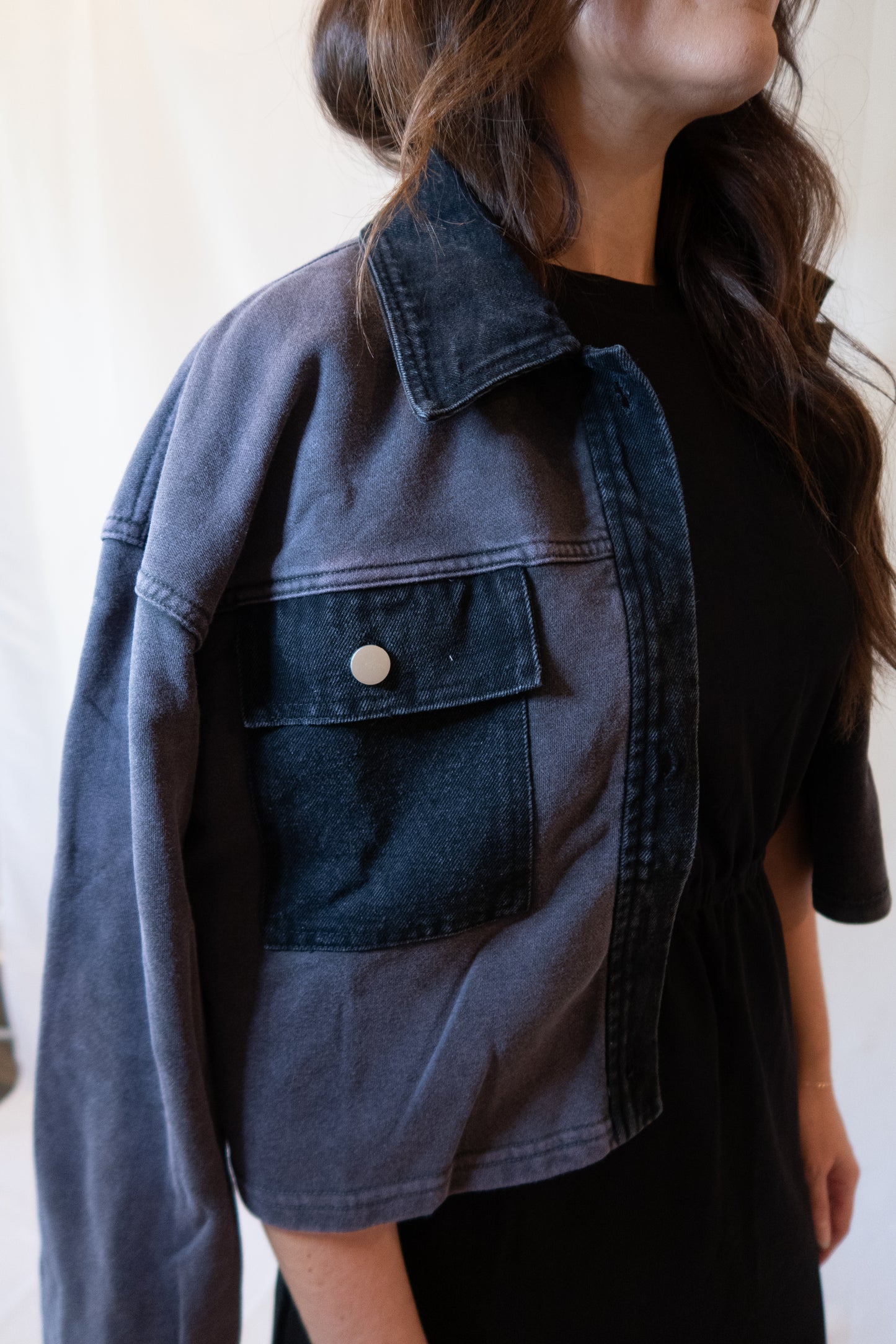 Cropped Washed Black Denim Jacket