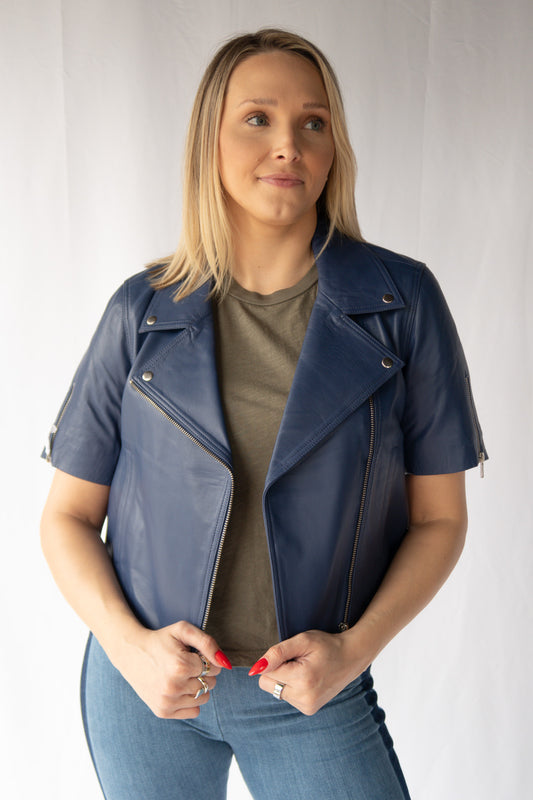 Short Sleeve Cropped Lamb Leather Jacket